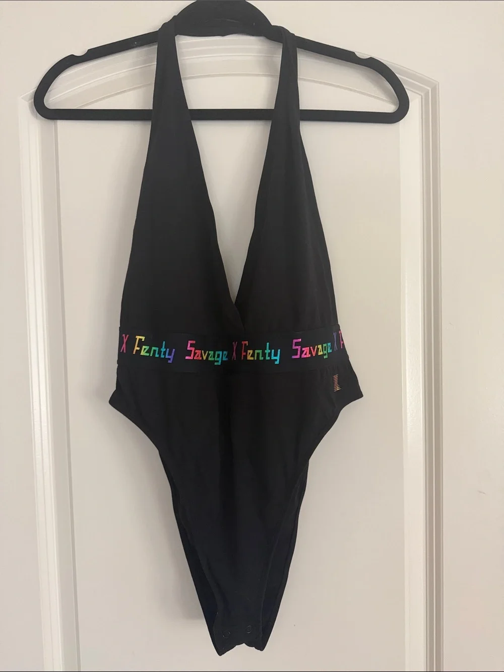 Savage X Fenty Black Halter One-Piece with Rainbow Logo Band
